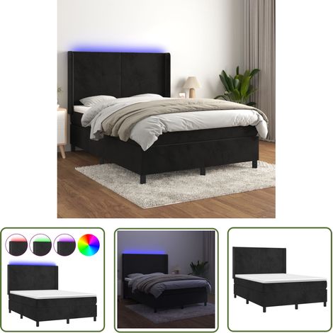 The Living Store Sommier à lattes de lit matelas et LED Noir 140x200 cm Velours - Lit Capitonné - Lit Design - Lit Double - Sommier Tapissier - Matelas À Ressorts Ensachés (1/5)