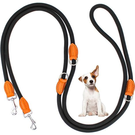 Laisse double pour chiens de petite taille et moyenne - Réglable -2.1 m - Avec 2 mousquetons - Laisse d'entraînement multifonction - 2.1 m de long x 1 cm - Noir (1/5)