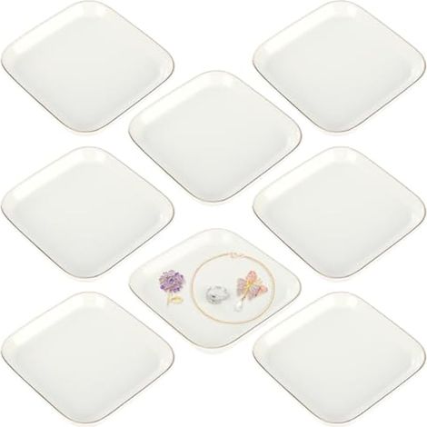 Lot de 8 plateaux à bijoux décoratifs en céramique de 11,1 cm pour bagues, boucles d'oreilles, colliers, bracelets, clés de montre, anniversaire, fête des mères, cadeau de Noël (blanc) (1/5)
