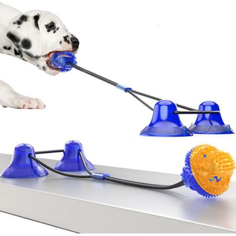 Jouet à corde à double ventouse pour animaux de compagnie aux mâchoires puissantes, jouet puzzle en corde, brosse à dents multifonctionnelle, jouet interactif avec sons couinants, balle avec fonction (1/4)