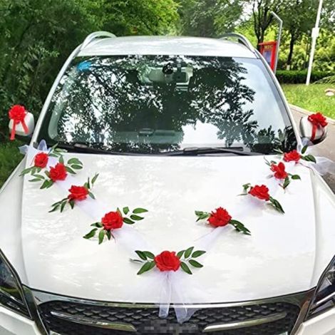 Rustikales Hochzeitsauto-Dekorationsset – Tüllschleife & getrocknete Rosen mit Saugnapf – Weiß und Rot – 2er-Set