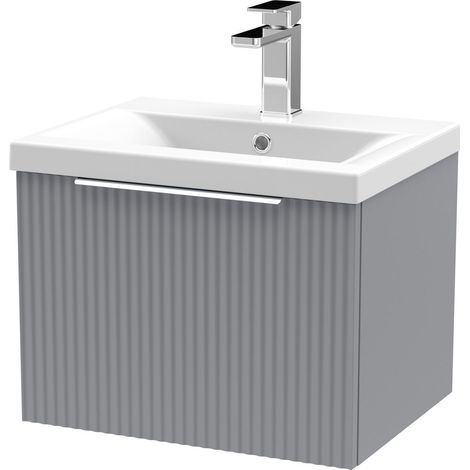 Contemporary Fluted 500mm Wall Hung Single Drawer Vanity and Mid-Edge Basin, Satin Grey, Chrome Handles