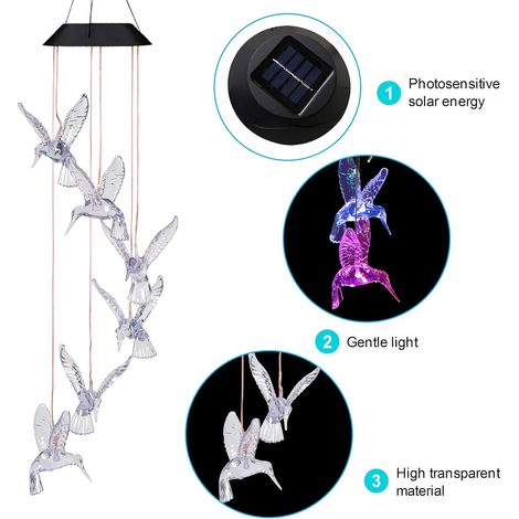 Solarbetriebenes Kolibri-Windspiel für den Außenbereich – LED-Solar-Kolibri-Mobile, wasserdicht, farbwechselnd – romantisches Geschenk für Mama, Dekoration für Zuhause, Partys, Feste und den nächtlich