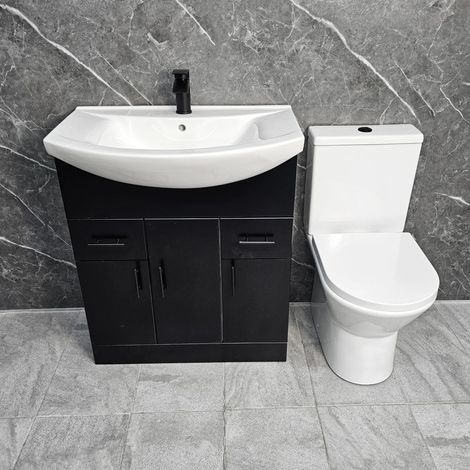 Black Vanity Unit with Black Handles 750mm Open Back Toilet Bathroom Suite, Without Tap & Waste