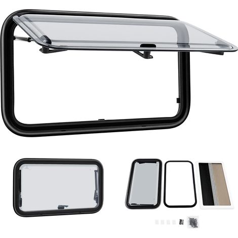 HAUTOUR Fenêtre latérale de caravane 70x40 cm, de camping-car, à bascule, à push-up, avec verre occultant et moustiquaire pour caravane, noire (1/5)