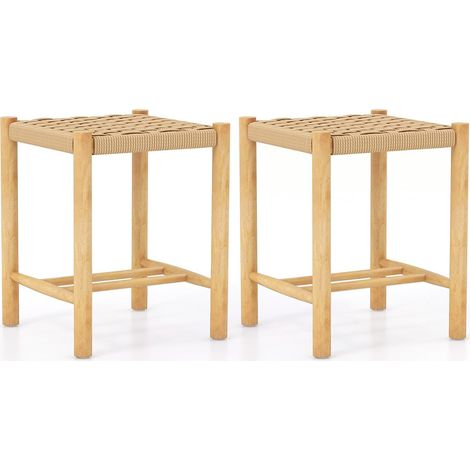 Ensemble de 2 Tabourets de Bar de 45 cm Cadre en Bois de Caoutchouc et Siège en Papier Tissé Tabouret sans Dossier Rustique Naturel Maison Chic (1/4)