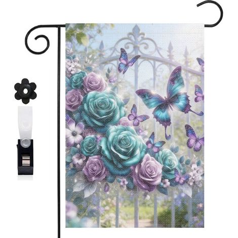 Drapeau de jardin papillons multicolores et fleurs violettes 30 x 45 cm décoration porche et entrée (1/5)