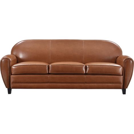 Canapé droit 3 places camel en croûte de cuir enduite – Dimensions L 214 x l 82.5 x H 84.5 cm – Accoudoirs larges et rembourrés (1/5)