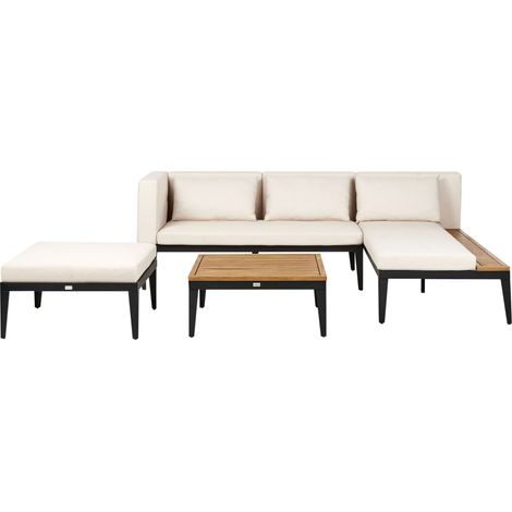 Set da giardino a 3 posti in legno di acacia divano angolare con tavolino e pouf cuscini beige chiaro a sinistra Bracciano