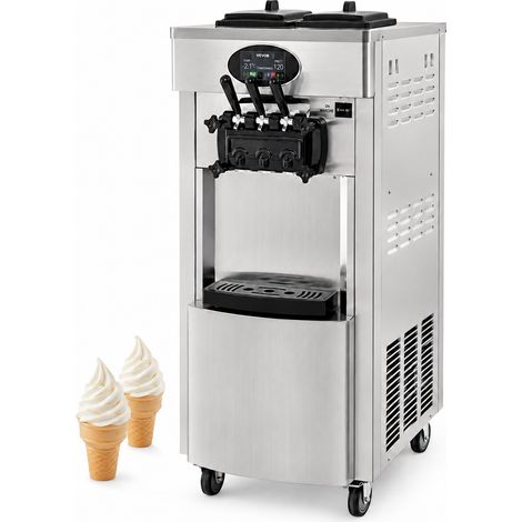 Machine à glace italienne commerciale 2200W, 20-28 L/h, 2 cuves 6 L, 3 saveurs, 4 buses, inox 304, roulettes