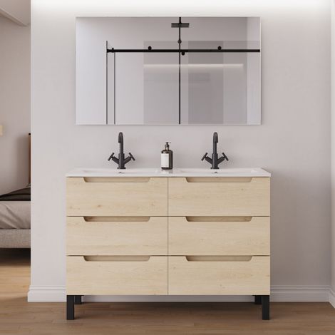 Meuble de salle de bain 140cm double vasque - 6 tiroirs - roble calima (bois clair) - RIZA (1/5)