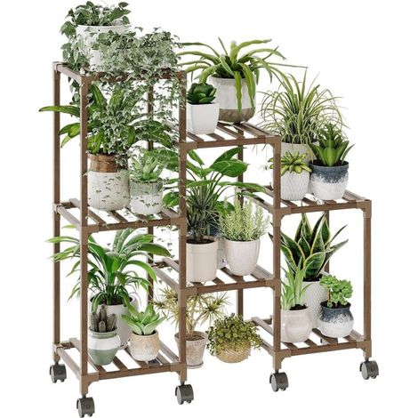 Support Plantes Intérieur avec Roulettes, Porte Plante Intérieur en Bois, Étagère à 3 Niveaux pour 7 Pots, Étagère Plante pour Fenêtre, Jardin, Balcon, Patio, Salon, Porte Plante Extérieur (1/5)
