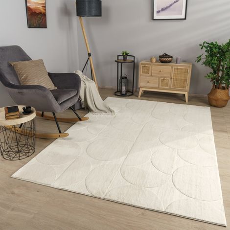 Wohnzimmer Teppich Esszimmer Kurzflor Geometrische Optik Skandi Boho Unifarben 200 cm x 280 cm x 14 mm Creme Rechteckig (1/5)