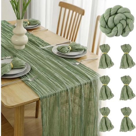 Chemin de Table Vert Sauge 300 x 90cm Chemin de Table en Gaze Boho Chemin de Table Tissu Table Runner Decoration Table de Cuisine Vacances Mariage Fête,6 Serviettes de Table avec Anneaux (1/5)