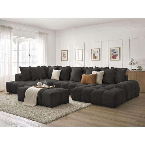 BOBOCHIC - Canapé panoramique convertible coffre EVEREST tissu texturé avec pouf Angle droit Noir (1/5)