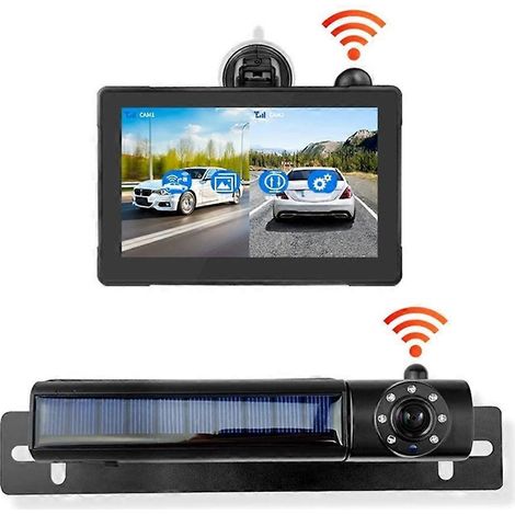 Caméra de recul sans fil solaire pour voiture, moniteur HD 1080p de 5 pouces, système de caméra de recul 5 000 mAh pour véhicules, camions, voitures, camping-cars et SUV (1/5)