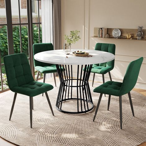 Ensemble Table à Manger - Design Unique - 100 cm - Velours Vert - Pieds Métal Noir (1/5)