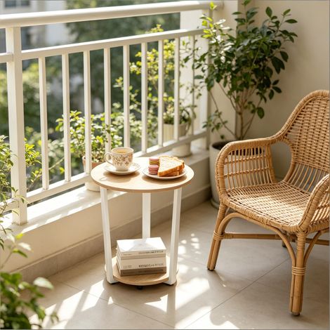 Table d'appoint - Ø50x53 cm - Bout de canapé fixe rond 2 niveaux avec étagère de rangement métal - Blanc et chêne clair (1/5)