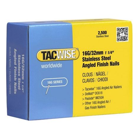Tacwise 1222 16G 32mm Angled Finish Nails Stainless Steel 2500 Pack DCN660 IM65A