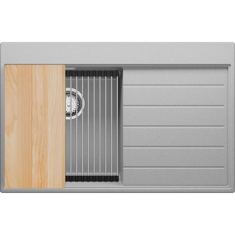 PRIMAGRAN Evier Cuisine en Granit 78x50cm, Lavabo 1 bac + Kit de Vidage + Accessoires, Évier à Encastrer au meuble 45cm - Sydney, Gris (1/5)