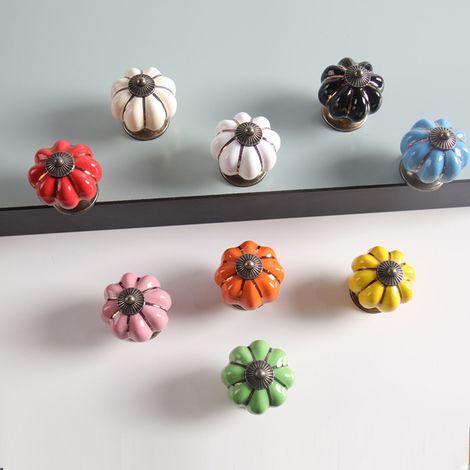 Lot de 9 boutons de tiroir en céramique forme citrouille – Mélange de couleurs vives – Pour armoires et tiroirs –Vis incluses (1/3)