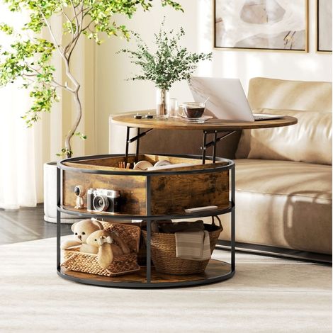 Mesa de centro redonda elevable Ø80 cm con almacenaje, altura regulable 47-61,5 cm, marrón DESVIAE (1/5)