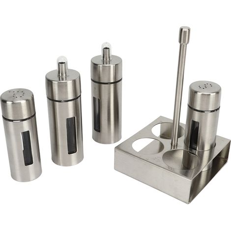 Öl-, Salz- und Pfefferstreuer-Set aus Edelstahl 304 mit Essigflasche und Ständer für Küche und Restaurant (1/5)