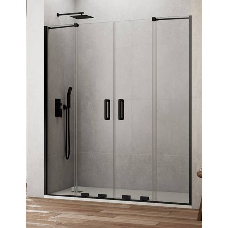 KENNA shower screen with two sliding doors and two fixed panels, 200 cm, clear glass, matt black finish (1/5)