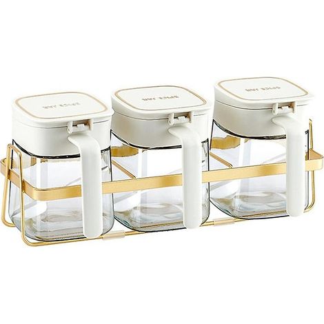 Pot à épices en verre transparent blanc avec couvercle et cuillère, contenant à sel et à épices. (1/5)