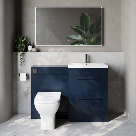 Napoli 390 Cento Deep Blue 1200mm 2 Drawer Vanity Unit Toilet Suite with Glide Basin - 1200mm - Matt Black 320mm HandleWith Kingston Toilet Pan and Seat