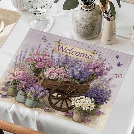 Lot de 4 sets de table/dessous-verres/nappes en polyester imprimé à plat, motif floral lavande violette printanière, avec message de bienvenue, pour la cuisine et la salle à manger. (1/5)