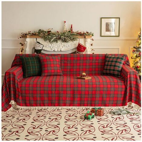 Christmas Bed Throw Sofa Throw, Chenille Tassel Throw Blanket, Sofa Cover, Christmas Sofa Throw, Protector Christmas Decorations (Red, 180 x 230 cm)