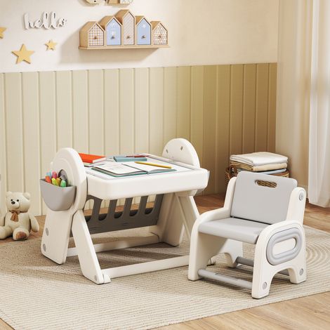 Conjunto de mesa y silla infantil 3 en 1 con mesa de construcción, pizarra, caballete convertible y contenedores de almacenamiento. Mesa multiactividad con silla de plástico para niños de 2 a 4 años,  (1/5)