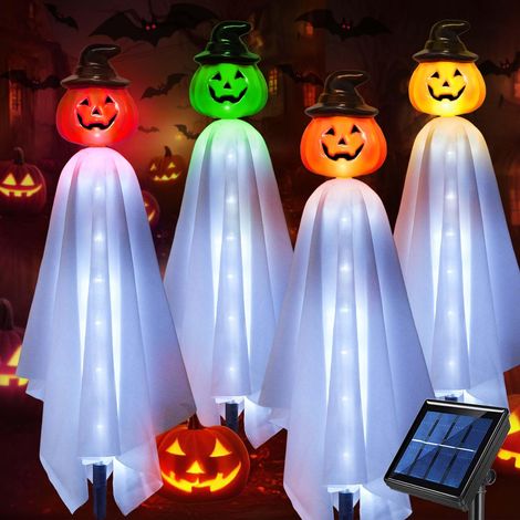 Set de 4 lampes solaires fantômes citrouilles flottantes pour décoration d'Halloween extérieur, guirlande lumineuse solaire extérieure pour décoration de jardin d'Halloween, résistante aux (1/5)
