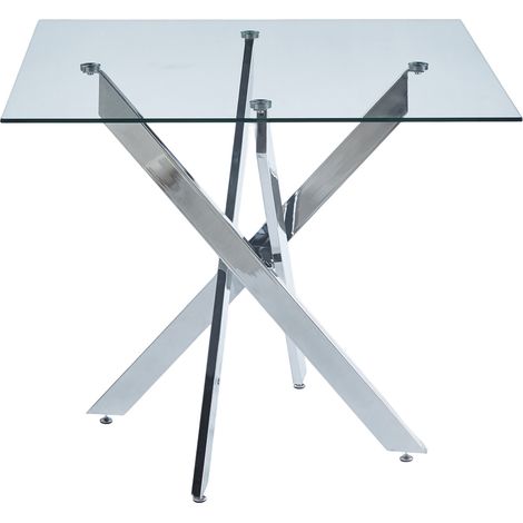 Mesa de comedor cuadrada de vidrio templado con patas cruzadas plateadas 80x80x75 cm (1/5)
