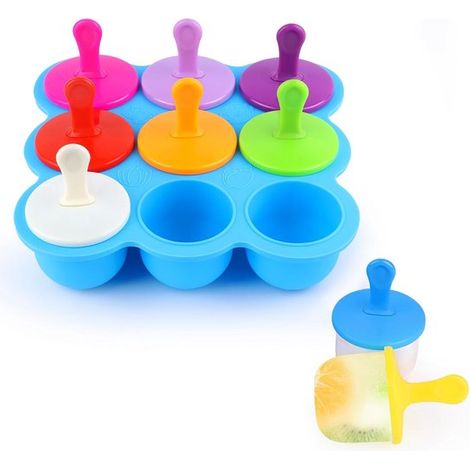 Stampi per cubetti di ghiaccio in silicone, 9 cavità, stampi per ghiaccioli con manici, stampo per alimenti senza BPA, stampi per ghiaccio riutilizzabili (blu) (1/5)