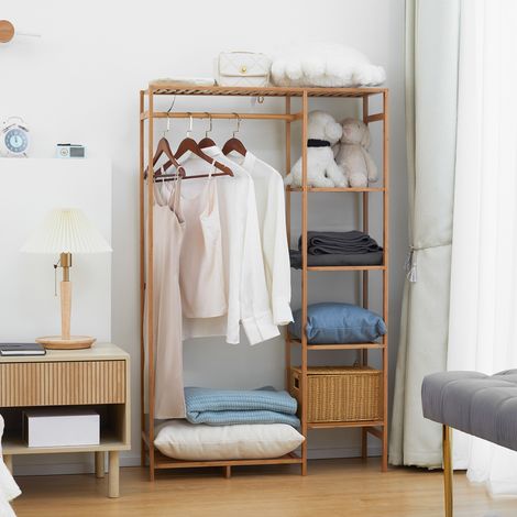 Perchero de bambú con estante de almacenamiento de 6 niveles y barra para colgar ropa, 90x30x145cm, madera natural.