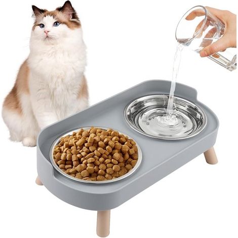 Gamelle surélevée pour chat à double compartiment, en acier inoxydable, avec base antidérapante, bols ergonomiques pour chats et petits chiens, blanc et argent (1/5)