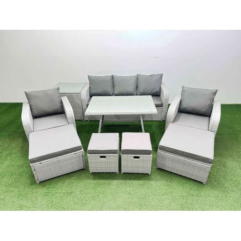 Fimous Rattan Garden Furniture Dining Set 9-seater Patio Rectangular Table Sofa Set with Side Table 4 Stools Light Grey (1/4)