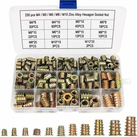 230 Pcs Écrous Hexagonaux M4 M5 M6 M8 M10 avec Inserts Filetés, Alliage de Zinc Insert Fileté Hexagonale Écrous Inserts, pour Meubles en Bois, avec Boîte en Plastique-- (1/5)