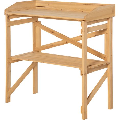 Table de jardinage avec étagère, table à fleurs, table de jardin, bois, marron clair, 80 x 40 x 84 cm