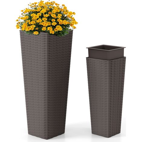 Lot de 2 Pots à Plantes en Rotin PP, Ensemble de Grands Jardinières d'Extérieur avec Bacs Intérieurs Amovibles Trous de Drainage, Marron (1/5)