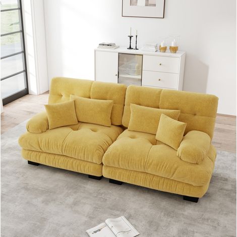 Canapé d'angle jaune en chenille avec coussins lombaires et design modulaire (1/5)