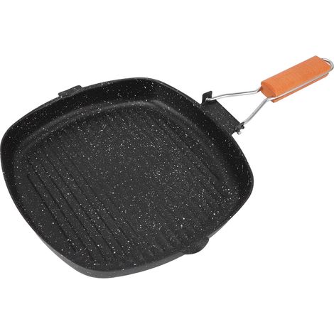 Energieeffiziente Steakpfanne 28 x 28 cm, klappbarer Buchenholzgriff, antihaftbeschichtete Oberfläche mit Streifenmuster für die Zubereitung von Speisen im Freien (1/5)