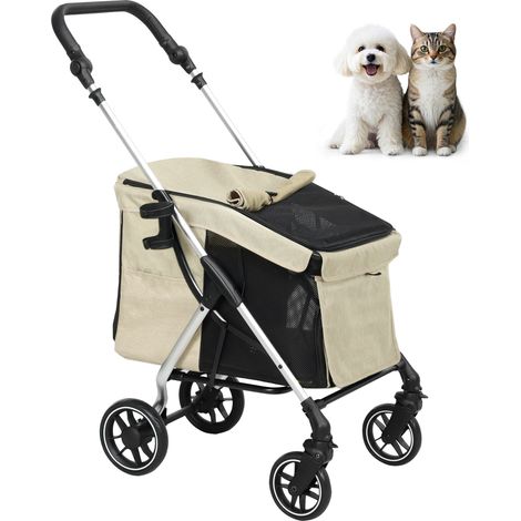 Poussette pour chien, chariot de transport léger et pliable pour petits chiens, coussin lavable, fenêtre en filet, kaki