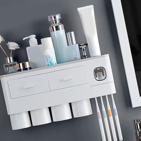Porte-brosses à dents mural magnétique inversé avec distributeur de dentifrice et 4 gobelets gris