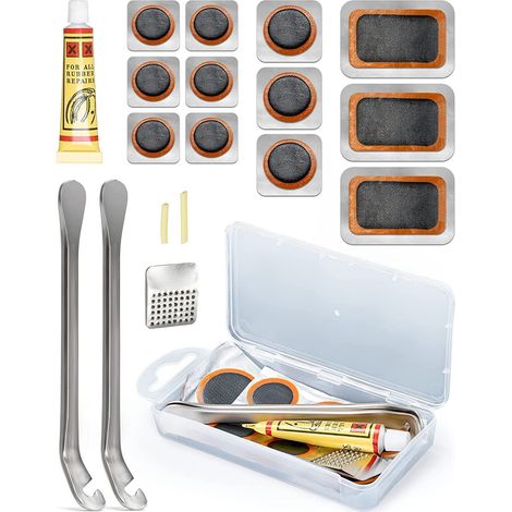 Herramientas para reparar neumáticos de bicicleta, pegamento para reparación en frío, kit para reparar pinchazos de neumáticos de bicicleta, caja para reparar caucho