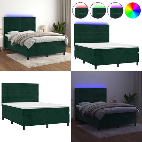 Cama box spring colchón y LED terciopelo verde oscuro 140x200cm - Colchón con luz LED - Cama box spring