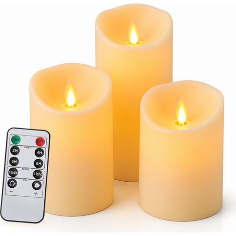 Randaco LED Kerzen Echtwachs 3er Set, elektrische Kerzen flackernd, Ø 7,5 cm, 3 Größen, Elfenbein mit Flackereffekt und Fernbedienung – Weihnachtsdeko für Innen (1/5)