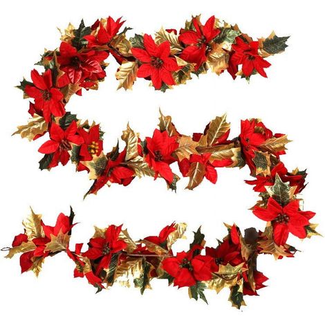 Guirlande De Noël - Poinsettia - 1,8 M - Feuilles De Houx Artificielles - Pour Intérieur Extérieur - 1 Pièce